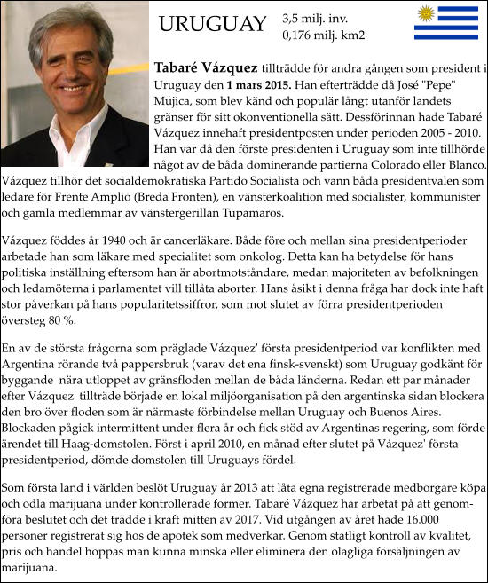 URUGUAY Tabar Vzquez tilltrdde fr andra gngen som president i Uruguay den 1 mars 2015. Han eftertrdde d Jos "Pepe" Mjica, som blev knd och populr lngt utanfr landets grnser fr sitt okonventionella stt. Dessfrinnan hade Tabar Vzquez innehaft presidentposten under perioden 2005 - 2010. Han var d den frste presidenten i Uruguay som inte tillhrde ngot av de bda dominerande partierna Colorado eller Blanco. Vzquez tillhr det socialdemokratiska Partido Socialista och vann bda presidentvalen som ledare fr Frente Amplio (Breda Fronten), en vnsterkoalition med socialister, kommunister och gamla medlemmar av vnstergerillan Tupamaros. Vzquez fddes r 1940 och r cancerlkare. Bde fre och mellan sina presidentperioder arbetade han som lkare med specialitet som onkolog. Detta kan ha betydelse fr hans politiska instllning eftersom han r abortmotstndare, medan majoriteten av befolkningen och ledamterna i parlamentet vill tillta aborter. Hans sikt i denna frga har dock inte haft stor pverkan p hans popularitetssiffror, som mot slutet av frra presidentperioden versteg 80 %. En av de strsta frgorna som prglade Vzquez' frsta presidentperiod var konflikten med Argentina rrande tv pappersbruk (varav det ena finsk-svenskt) som Uruguay godknt fr byggande  nra utloppet av grnsfloden mellan de bda lnderna. Redan ett par mnader efter Vzquez' tilltrde brjade en lokal miljorganisation p den argentinska sidan blockera den bro ver floden som r nrmaste frbindelse mellan Uruguay och Buenos Aires. Blockaden pgick intermittent under flera r och fick std av Argentinas regering, som frde rendet till Haag-domstolen. Frst i april 2010, en mnad efter slutet p Vzquez' frsta presidentperiod, dmde domstolen till Uruguays frdel.  Som frsta land i vrlden beslt Uruguay r 2013 att lta egna registrerade medborgare kpa och odla marijuana under kontrollerade former. Tabar Vzquez har arbetat p att genom-fra beslutet och det trdde i kraft mitten av 2017. Vid utgngen av ret hade 16.000 personer registrerat sig hos de apotek som medverkar. Genom statligt kontroll av kvalitet, pris och handel hoppas man kunna minska eller eliminera den olagliga frsljningen av marijuana.  3,5 milj. inv.0,176 milj. km2