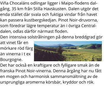 Viña Chocaláns odlingar ligger i Maipo-flodens dalgång, 35 km från Stilla Havskusten. Dalen utgör det enda stället där svala och fuktiga vindar från havet kan passera kustbergskedjan. Pinot Noir-druvorna, som föredrar lägre temperatur än i övriga Centraldalen, odlas därför närmast floden. Den intensiva solstrålningen på denna breddgrad gör att vinet får en mörkare röd färg än vinerna i t ex Bourgogne.  Det har också en kraftigare och fylligare smak än de franska Pinot Noir-vinerna. Denna årgång har nu fått en mogen och harmonisk sammansmältning av de ursprungliga aromerna körsbär, kryddor och rök.
